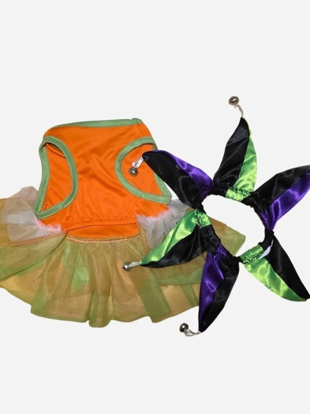 Pet Costume Orange & Green Tutu, Jack-O-Lantern, Jester Collar w/Bells Cat Dog